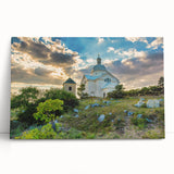 Black and white large art print of a European cityscape on stretched canvas, ideal for kitchen wall art.