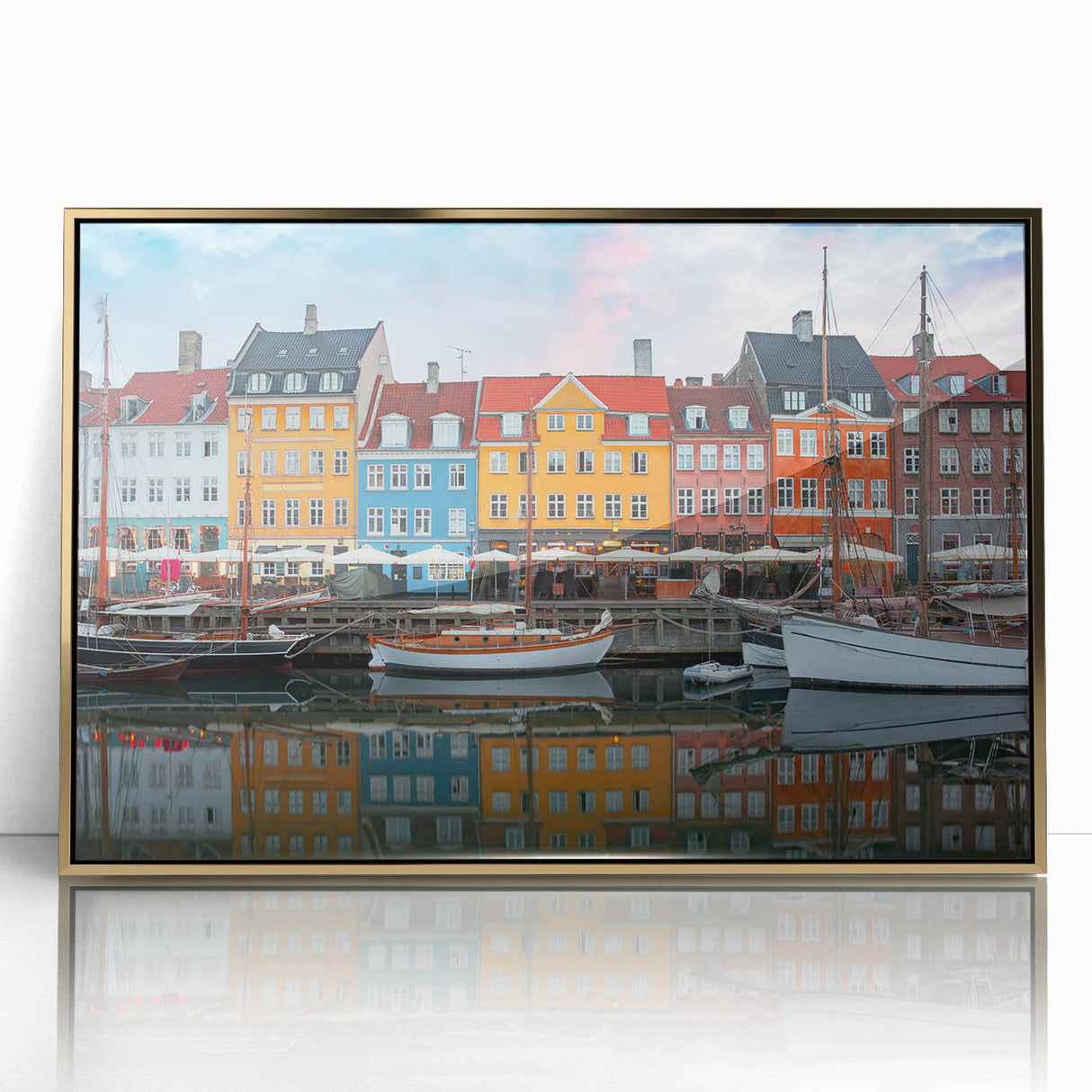 Art deco poster of a European Denmark scenery in gold tones, framed acrylic, ideal for modern nursery wall art.