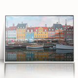 Mid-century modernist art of a European Denmark landscape in muted colors on a framed acrylic.