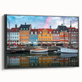 Black and white vintage poster art of a Denmark landscape on framed canvas, suited for bedroom decor.