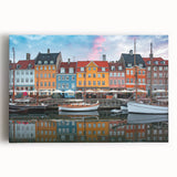 Black and white photograph of a European cityscape on stretched canvas, ideal for kitchen wall art.