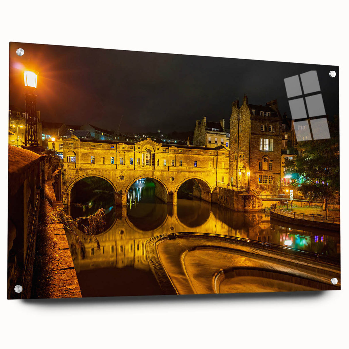 Acrylic print of a European cityscape in muted earth tones, suitable for dining room decor.
