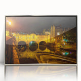 Large art print of Bath, England scenery in muted watercolor tones on a silver-framed acrylic.