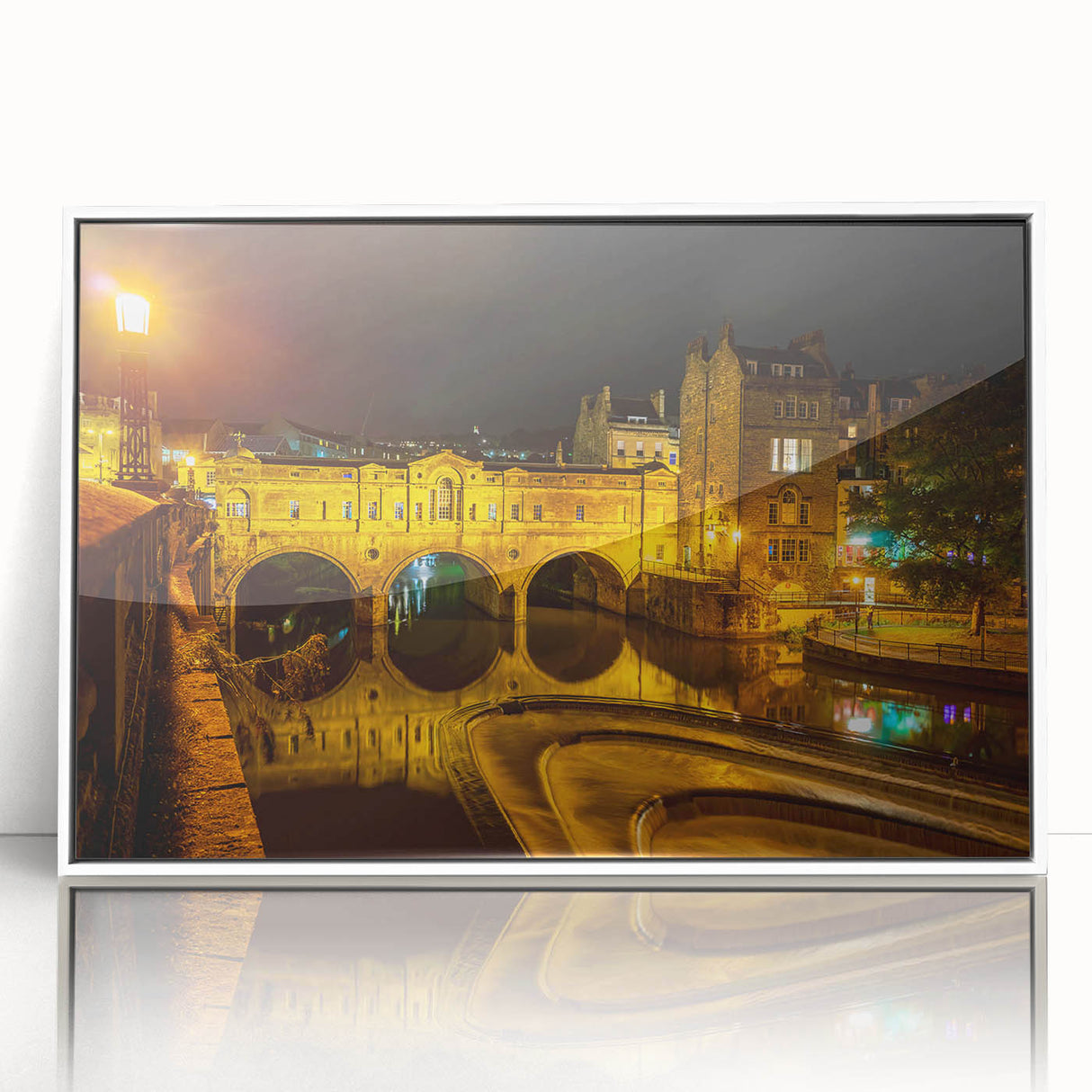 Mid-century modernist art depicting a serene European landscape in muted colors on a framed acrylic.