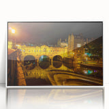 Mid-century modernist art depicting a serene European landscape in muted colors on a framed acrylic.