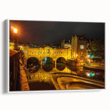 Vintage poster art of Bath, England in vibrant colors on a large framed canvas, ideal for living room decor.