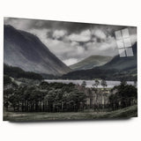 Large abstract wall art of Cumbria, England scenery in muted greens and blues on acrylic glass.