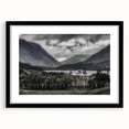 Abstract art print of a colorful, textured European scenery in Cumbria, framed with a black mat, ideal for living room decor.