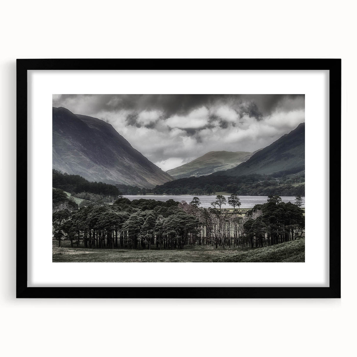 Abstract art print of a colorful, textured European scenery in Cumbria, framed with a black mat, ideal for living room decor.