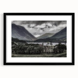 Abstract art print of a colorful, textured European scenery in Cumbria, framed with a black mat, ideal for living room decor.