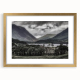 Abstract art print of the Cumbrian landscape in muted green and blue tones, framed in gold, ideal for dining room decor.