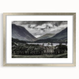 Extra large abstract art print of Cumbria, England scenery in muted earth tones on a framed silver canvas.