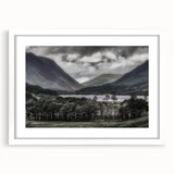 Textured abstract art print of Cumbria, England, in muted earth tones on a framed white mat, suitable for bedroom art.