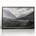 Large abstract wall art depicting a serene Cumbrian landscape in muted green and blue tones, framed in black acrylic.