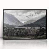 Large abstract wall art depicting a serene Cumbrian landscape in muted green and blue tones, framed in black acrylic.