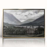 Acrylic print of a Cumbrian landscape with muted green and gold tones in an art deco style.