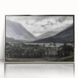 Large art print of a Cumbria landscape in England, featuring a mid-century modernist style in muted green and blue tones.