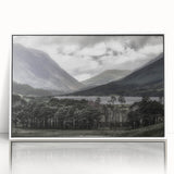 Mid-century modernist art depicting a serene Cumbrian landscape in muted greens and blues on a framed acrylic panel.