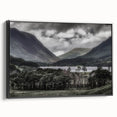 Black and white landscape art painting of Cumbria, England on framed canvas, ideal for bedroom wall decor.