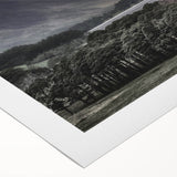 Art deco poster of Cumbria landscape on rolled canvas with muted green and blue tones, suitable for dining room wall art.