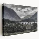 Landscape print of Cumbria, England, on stretched canvas with muted green and blue tones, suitable for kitchen wall art.