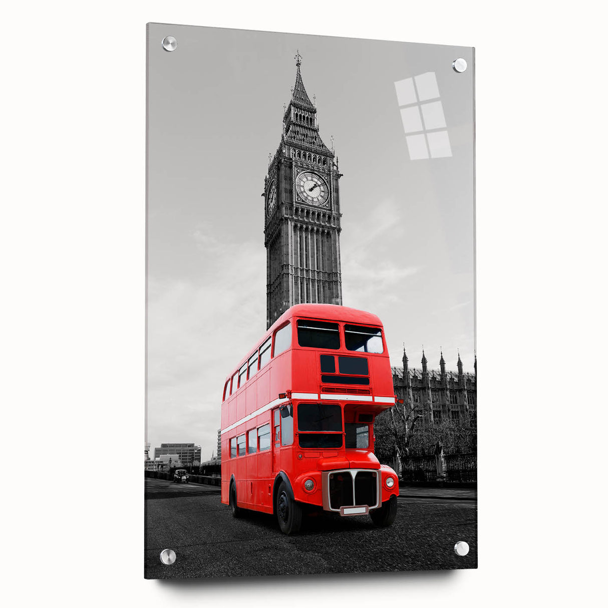 Acrylic print of London skyline in muted gray and blue tones, ideal for dining room decor.