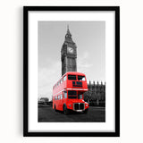Extra large abstract art print of London scenery in colorful, textured hues on black framed canvas.