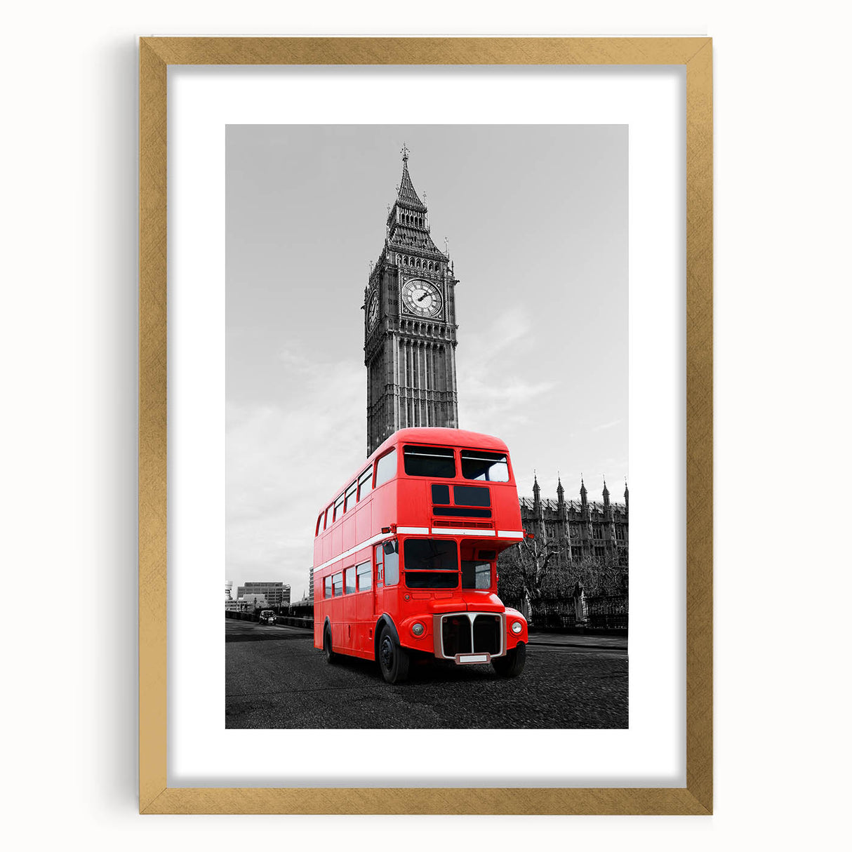 Abstract art print of London scenery in muted gray and gold tones, framed with a gold mat, suitable for dining room decor.