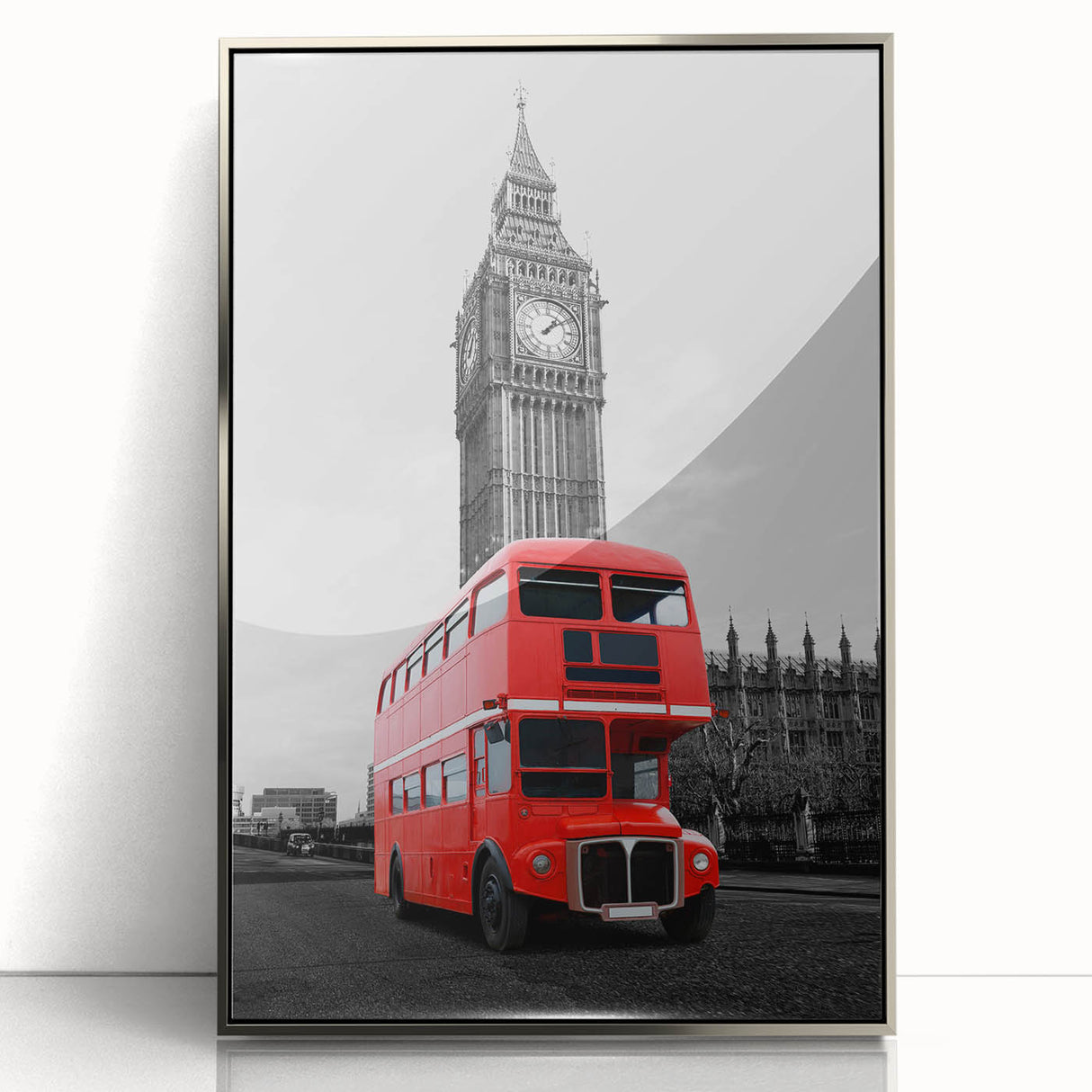Large art print of the London skyline in muted silver and gray tones on a framed acrylic, ideal for modern art wall decor.