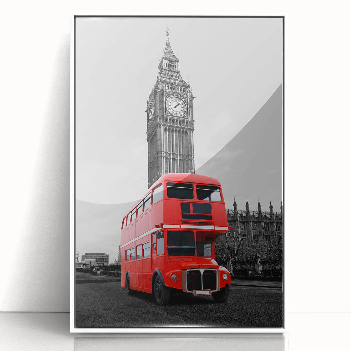 Mid-century modernist art depicting London scenery in muted colors on a framed acrylic, ideal for nursery wall art.