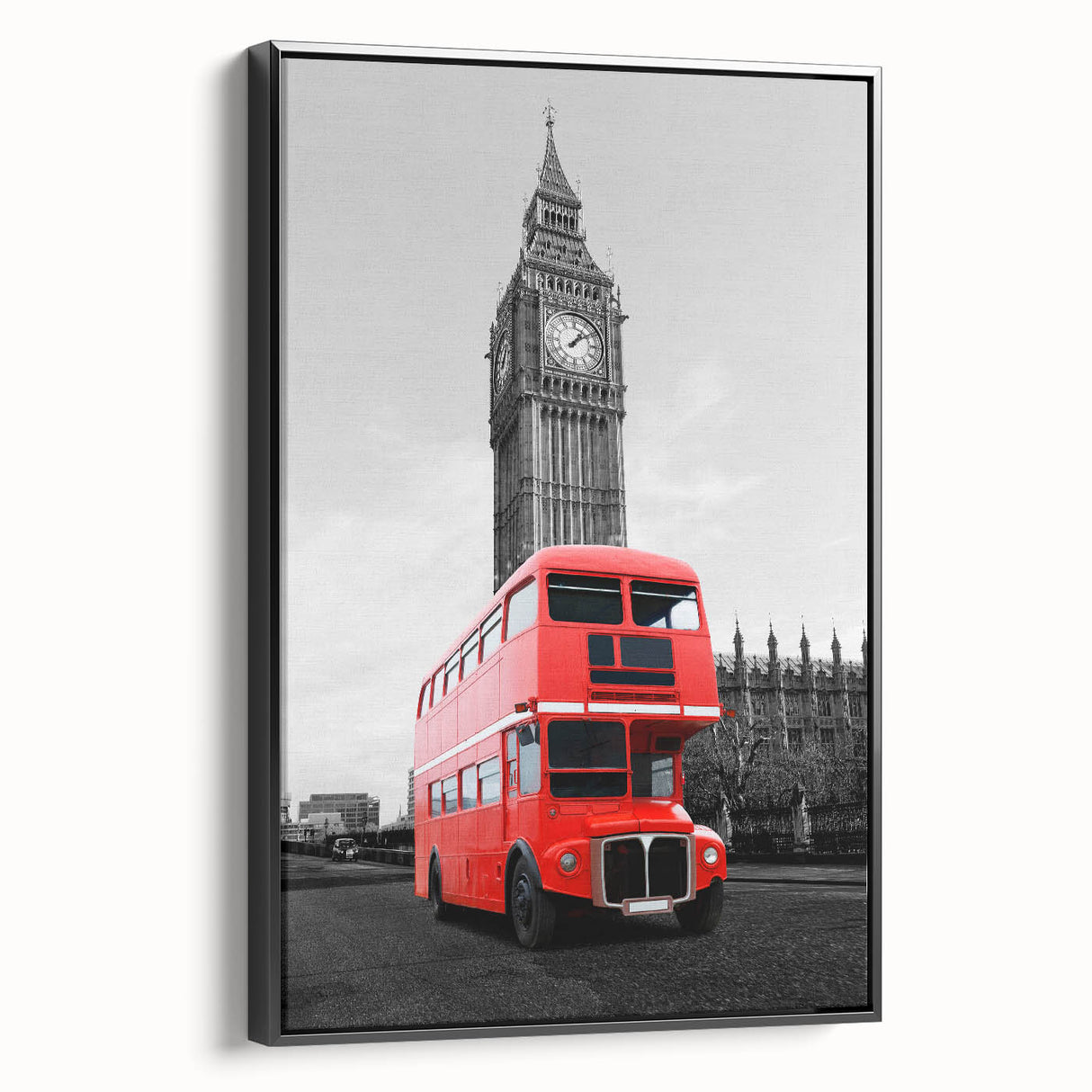 A black and white vintage poster art of the London skyline on framed canvas, suitable for bedroom wall decor.