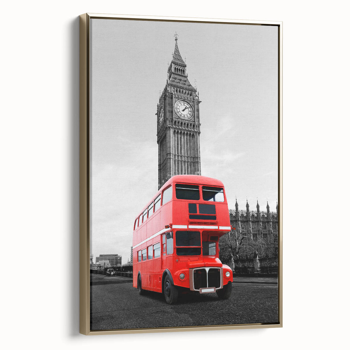 Landscape painting of London on framed canvas, featuring black and gold tones, ideal for bedroom wall decor.