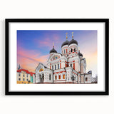 Extra large abstract art print featuring a textured, colorful depiction of a European scenery on a framed black mat.