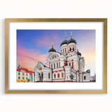 Abstract art print of a European landscape in muted earth tones, framed in gold, ideal for dining room decor.