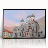 Large abstract wall art featuring a mid-century modernist design of a European scenery in muted gray and black tones on…