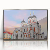 Large art print of an Estonian landscape in muted green and blue tones on a silver-framed acrylic.