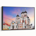 Black and white framed canvas featuring a vintage landscape painting of Estonia, ideal for bedroom decor.