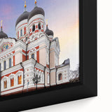 Extra large framed canvas showcasing a textured, colorful depiction of a European scenery in black.