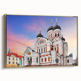 Framed canvas landscape art of a European scenery in muted earth tones, ideal for bedroom wall decor.