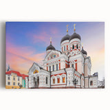 Black and white stretched canvas featuring a large panoramic view of a European cityscape.