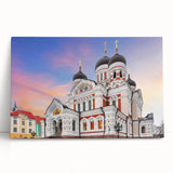 Black and white photograph of a European cityscape on a large stretched canvas, ideal for kitchen wall art.