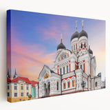 Stretched canvas depicting a serene European Estonia landscape in muted green and blue tones, suitable for kitchen wall art.
