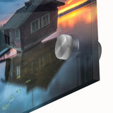 Large abstract wall art featuring a mid-century modernist design of a European Finnish landscape in muted colors.