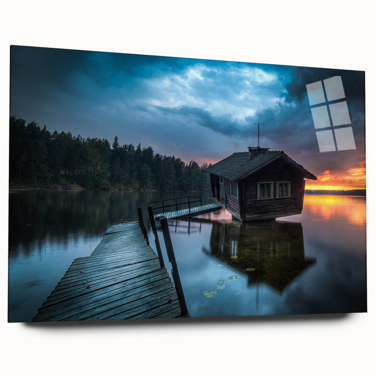Large abstract wall art of a serene Finnish landscape in cool blue and gray tones on acrylic glass.