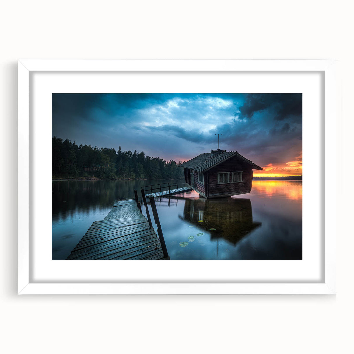 Textured abstract art print depicting a serene Finnish landscape in muted blue and gray tones, framed with a white mat.