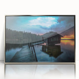 Large art print of a serene Finnish landscape in muted earth tones, framed in silver acrylic.