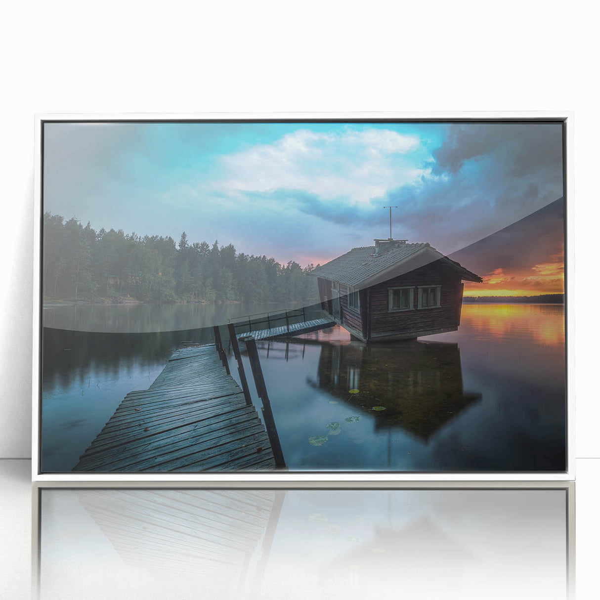Mid-century modernist art depicting a serene Finnish landscape in muted earth tones on a framed acrylic.