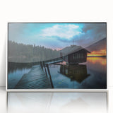 Mid-century modernist art depicting a serene Finnish landscape in muted earth tones on a framed acrylic.