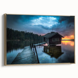 Framed canvas featuring a vintage-style Finnish landscape in muted gold and black tones, ideal for bedroom ambiance.