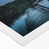 Art deco poster of a tranquil Finnish landscape in muted blues and greens on rolled canvas, suitable for dining room decor.